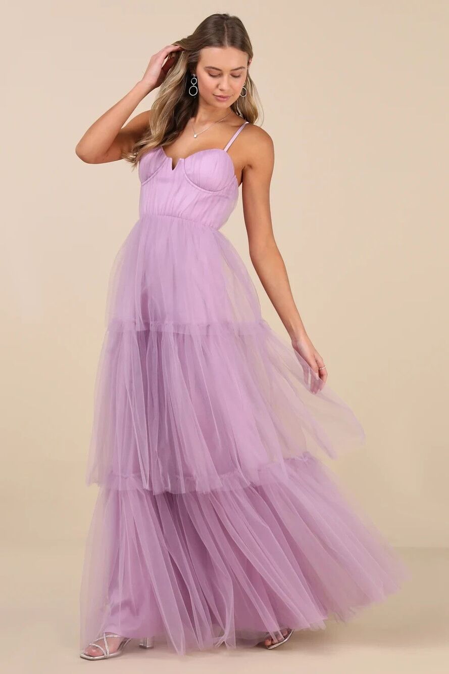 Lulus Maxi Dress Womens Large Lilac Tiered Bustier Gown Unforgettable Poise NWT